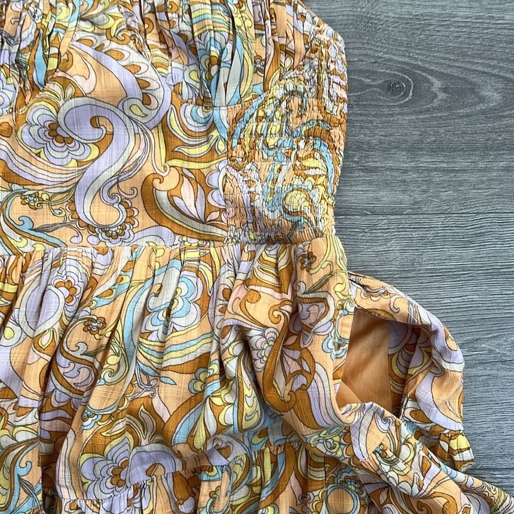 AMERICAN EAGLE Smocked Tiered Mini Dress Medium Orange Paisley 70s Retro Boho - Picture 5 of 10